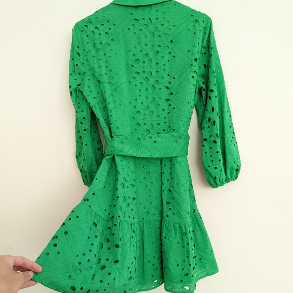 ZARA EMBROIDERED EYELET RUFFLED SHORT DRESS GREEN - Picture 14 of 16